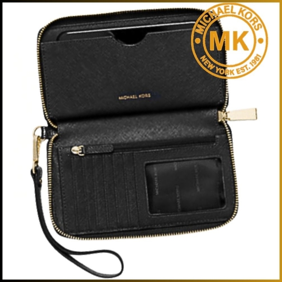 Michael Kors Black Leather Gold Grommet Wristlet Large Phone Slot - Picture 5 of 7